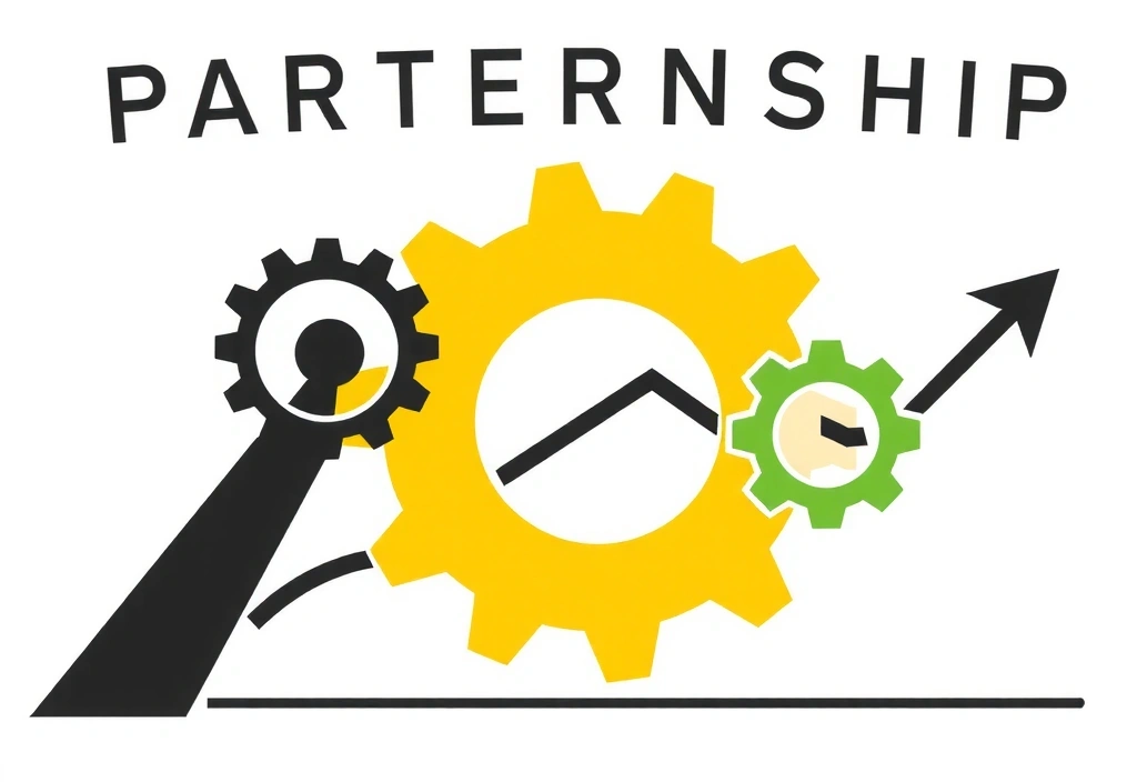 Abstract representation of partnership and precision in work, with gears and interconnected components, no text, no letters, no inscriptions.
