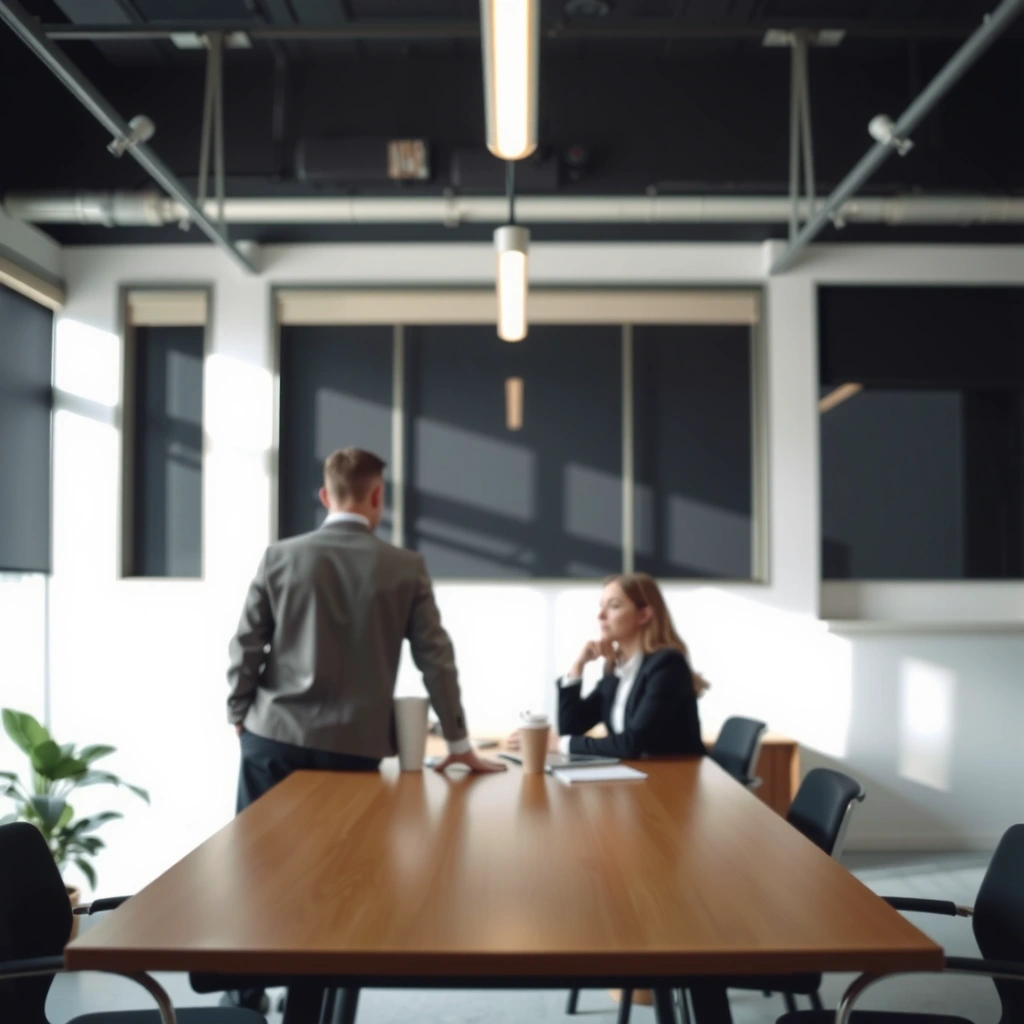 Minimalist, professional office environment with focus on collaboration and creativity