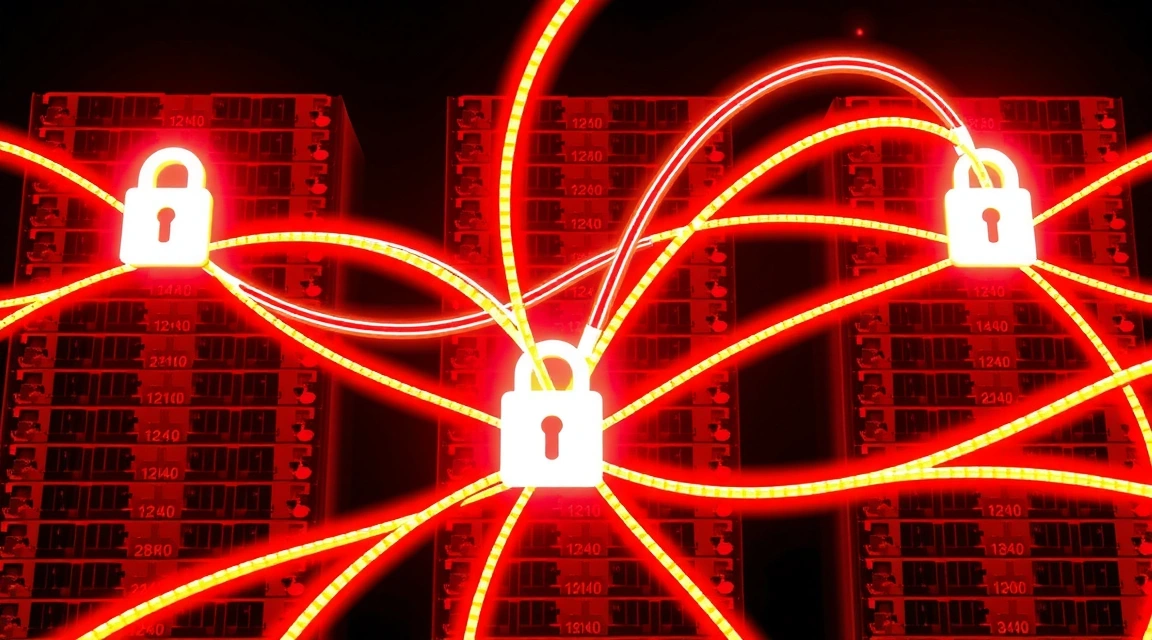 Secure data transfer with encrypted connections represented by glowing lines between servers