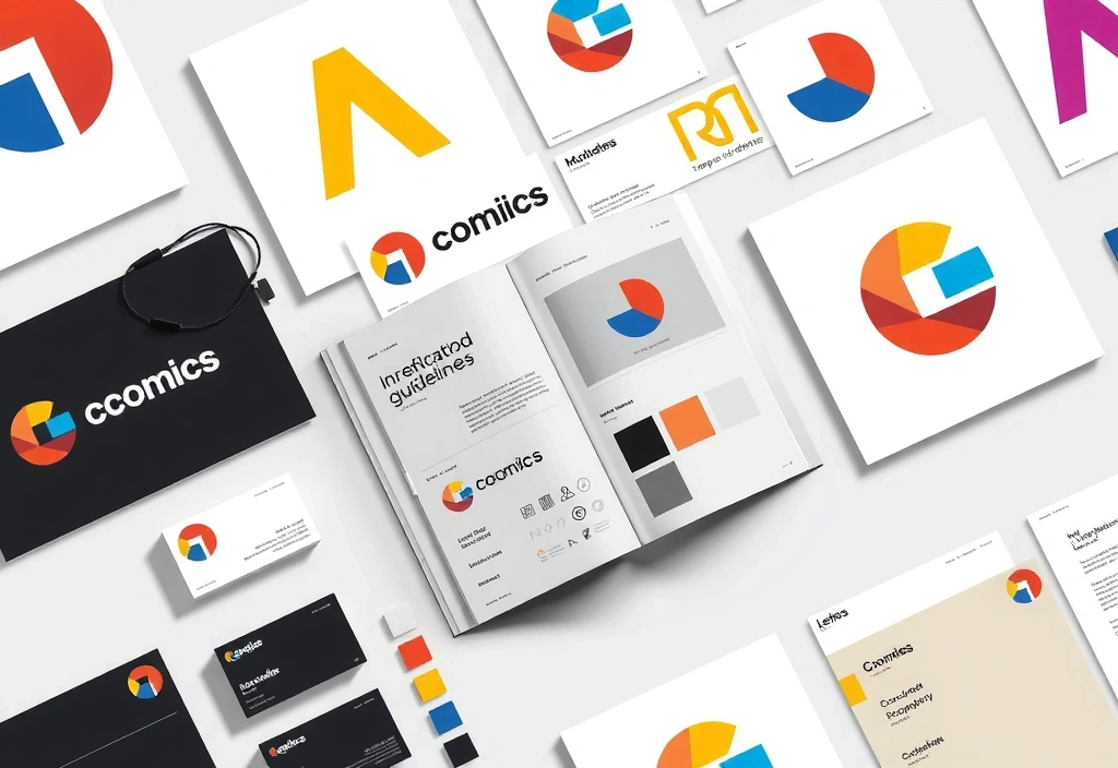 Abstract logo concepts, brand guidelines book, corporate identity elements, creative design process