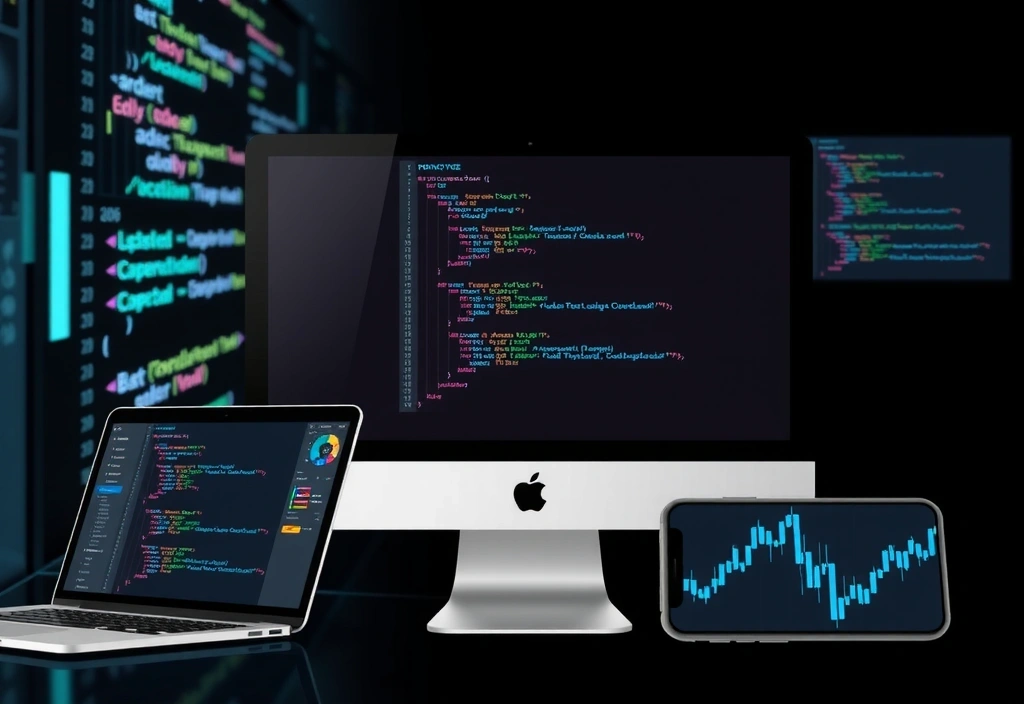 Modern, clean website interface on various devices, code snippets, digital screens
